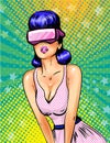 Vector pop art pretty young girl in virtual reality glasses Royalty Free Stock Photo