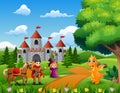 A prince, witch, and dragon on the road leading to the castle Royalty Free Stock Photo