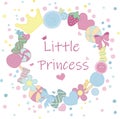 Vector illustration for princess girl, round wreath of sweets and toys with a crown