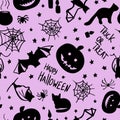 Vector illustration of printable Halloween holiday decor. Bright seamless pattern for wrapping paper and fabric.