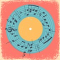 Illustration with printed music circle and vinyl record. Musical concept creative invitation Royalty Free Stock Photo