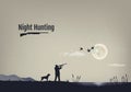 Vector illustration of the process of hunting for ducks in the night. Silhouettes of a hunting dog with the hunter