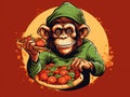 vector illustration of Produce an image of a mischievous monkey stealing a slice of pizza