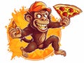 vector illustration of Produce an image of a mischievous monkey stealing a slice of pizza