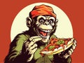 vector illustration of Produce an image of a mischievous monkey stealing a slice of pizza