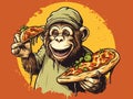 vector illustration of Produce an image of a mischievous monkey stealing a slice of pizza