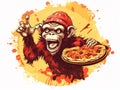 vector illustration of Produce an image of a mischievous monkey stealing a slice of pizza