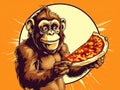 vector illustration of Produce an image of a mischievous monkey stealing a slice of pizza