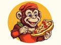 vector illustration of Produce an image of a mischievous monkey stealing a slice of pizza