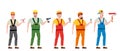 Set professional workers with with spatula, electric screwdriver, brush, roller, character, uniform Vector illustration