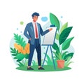 Professional presenting using a flipchart surrounded by plants, vector illustration on a white background Royalty Free Stock Photo