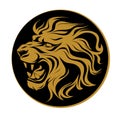 Vector illustration, profile silhouette head of a roaring lion, coat of arms on a coin