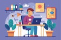 Vector illustration of a programmer working on a laptop in a home office environment with plants and decor Royalty Free Stock Photo