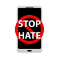 Vector illustration of prohibition sign of stop hate with mobile phone.