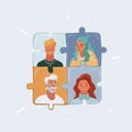 Vector illustration of project team with puzzles, jigsaw. Peope face avatars. Man and woman get together. Female and