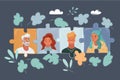 Vector illustration of project team with puzzles, jigsaw. Peope face avatars. Man and woman get together. Female and