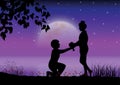 Vector illustration . Propose marriage under moonlight