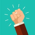 Vector illustration protest concept. Mans fist. Protest placard symbol. Win background. Flat style power in business poster. Royalty Free Stock Photo