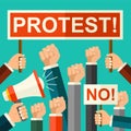 Vector illustration protest concept. Mans fists, protest placard symbol. Hands holding signs and bullhorn. Politic crisis, politic Royalty Free Stock Photo