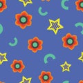 Vector illustration. Psychedelic flowers and stars on blue background seamless repeat pattern. Royalty Free Stock Photo
