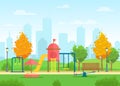 Vector illustration of public city park with playground for children and urban city landscape on the background in flat Royalty Free Stock Photo
