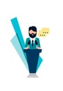 Vector illustration. Public Speaking on podium for presentation and seminar for people with microphone. Graphic design