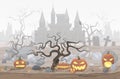 Vector illustration of pumpkin lanterns for Halloween and foggy cemetery and horror castle. Royalty Free Stock Photo