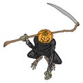 Pumpkin monster with wings for Halloween. Vector illustration pumpkin monster and skulls. Hand drawn scary pumpkin with scythe and Royalty Free Stock Photo