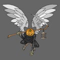 Pumpkin monster with wings for Halloween. Vector illustration pumpkin monster and skulls. Hand drawn scary pumpkin with scythe and Royalty Free Stock Photo