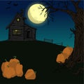 Vector illustration of a pumpkin under a tree on a background of a haunted house and a full moon on Halloween night. Royalty Free Stock Photo