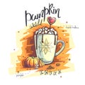 Vector illustration Pumpkin world. A mug with marshmallows and hot chocolate