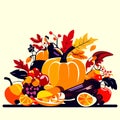 Vector illustration of pumpkins, apples, oranges, berries, leaves. Generative AI