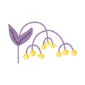 Vector illustration with purple twigs of leaves and pale yellow berries and flowers in a flat handmade style