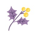 Vector illustration with purple twigs of leaves and pale yellow berries and flowers in a flat handmade style