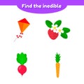 Illustration. puzzle game for preschool and school age children. find the inedible. strawberries, radishes, carrots, kite