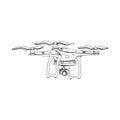 Vector illustration of a quadcopter flying, freehand sketch drawing.