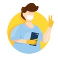 Vector illustration of quarantine online chat. Young man in medicine mask and protective gloves with smartphone taking Royalty Free Stock Photo