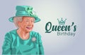 A vector illustration of Queen Elizabeth II on a light background, UK,Australia Queen`s birthday concept