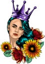vector illustration of queen head with flower