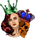 vector illustration of queen with king skull