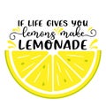 Vector illustration with quote If life gives you lemons make Lemonade and half slice of lemon