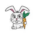 Vector illustration of a rabbit with a carrot. Angry or cunning rabbit. Cartoon