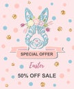 Vector illustration with rabbit, floral wreath.