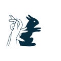 Vector illustration of a rabbit shadow theatre hand figure. Vintage hand drawn or comic book style Royalty Free Stock Photo