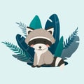 Vector illustration, raccoon inside tropical leaves. Litlle and cute raccoon.
