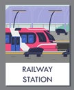 Vector illustration of Railway station, platform, empty interior of subway waiting terminal with locomotive on railroad