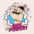 Vector illustration of raised women`s fist in pop art comic style. Placard with women`s rights and solidarity theme, feminism