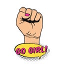 Vector illustration of raised women`s fist in pop art comic style. Placard with women`s rights and solidarity theme, feminism