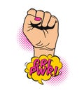 Vector illustration of raised women`s fist in pop art comic style. Placard with women`s rights and solidarity theme, feminism