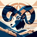 Vector illustration of a ram head with a big horn on the background of mountains. generative AI Royalty Free Stock Photo
